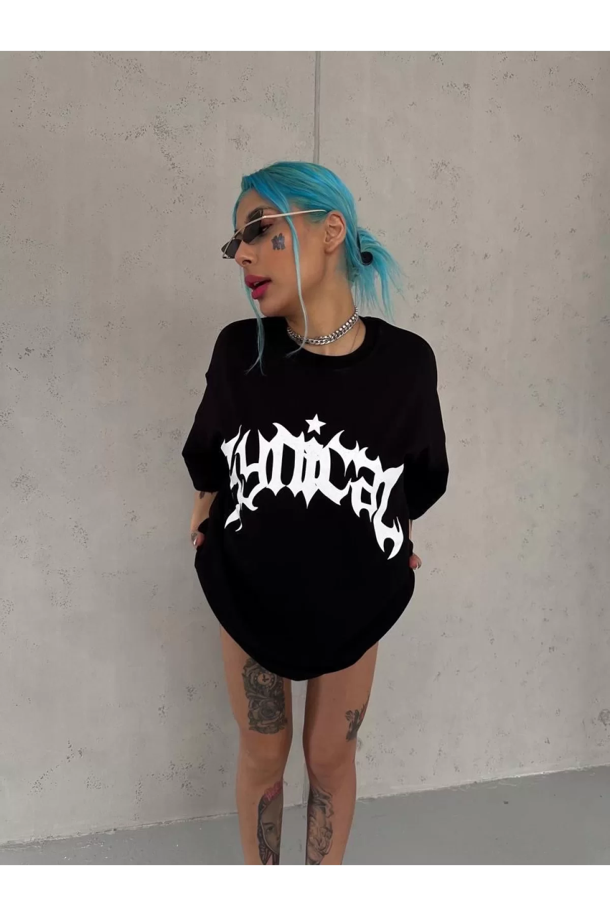 Unisex Bisiklet Yaka Baskılı Oversize T-Shirt