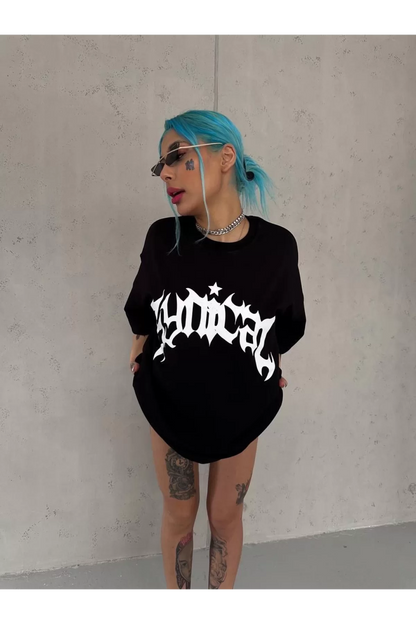 Unisex Bisiklet Yaka Baskılı Oversize T-Shirt