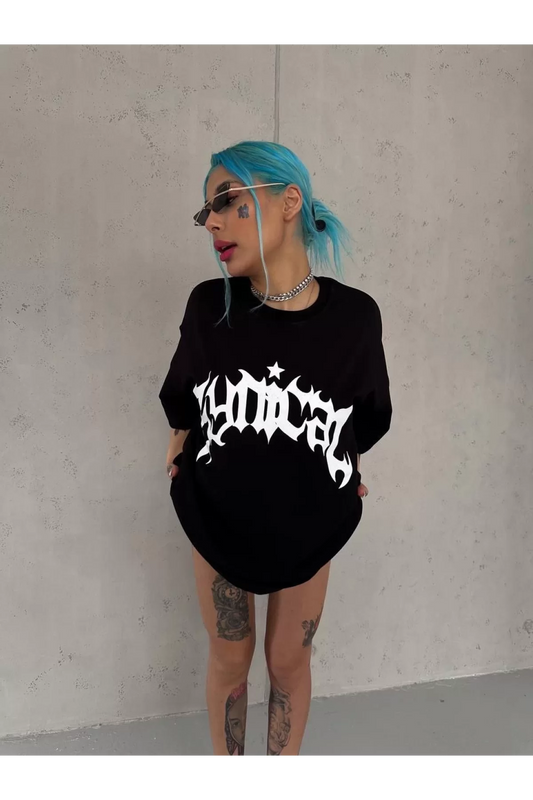 Unisex Bisiklet Yaka Baskılı Oversize T-Shirt