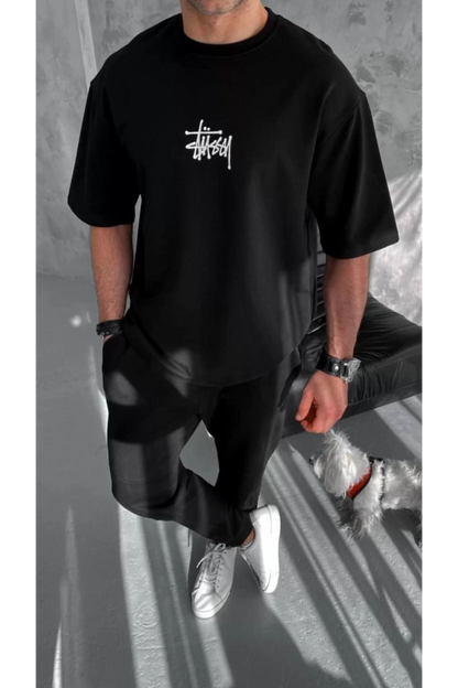 Unisex Bisiklet Yaka Baskılı Oversize T-Shirt