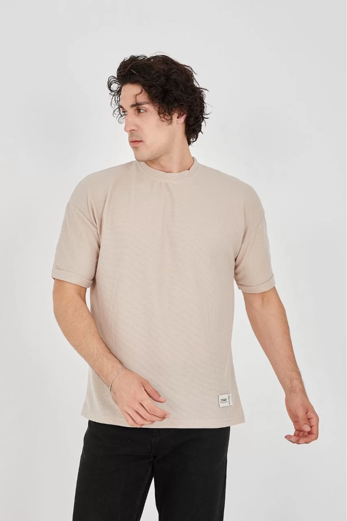 Unisex Waffle Kumaş Rahat Kol T-Shirt