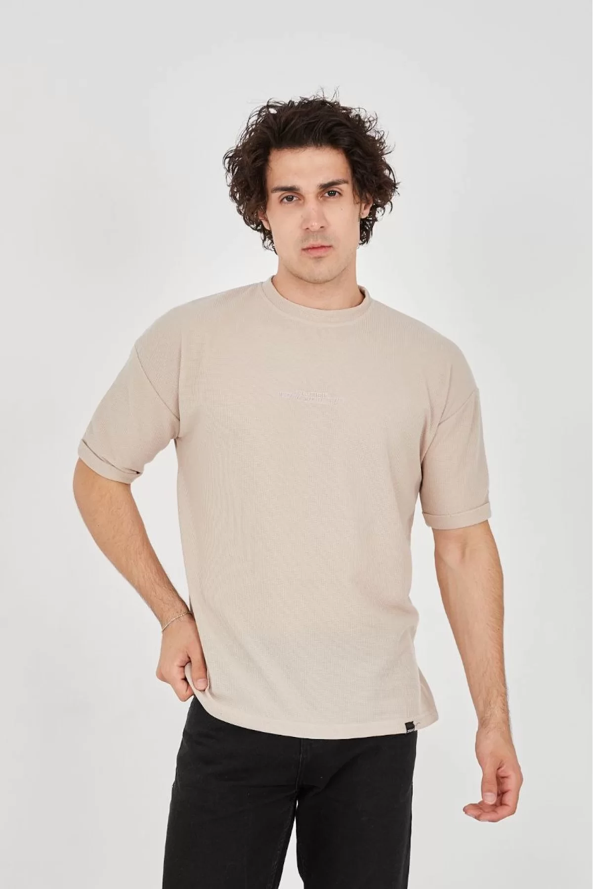 Unisex Waffle Kumaş Rahat Kol T-Shirt
